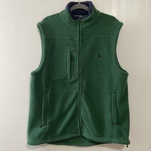 Polo Ralph Lauren Men's Full Zip Green vest Fleece Navy Blue trim Pockets Sz L/G